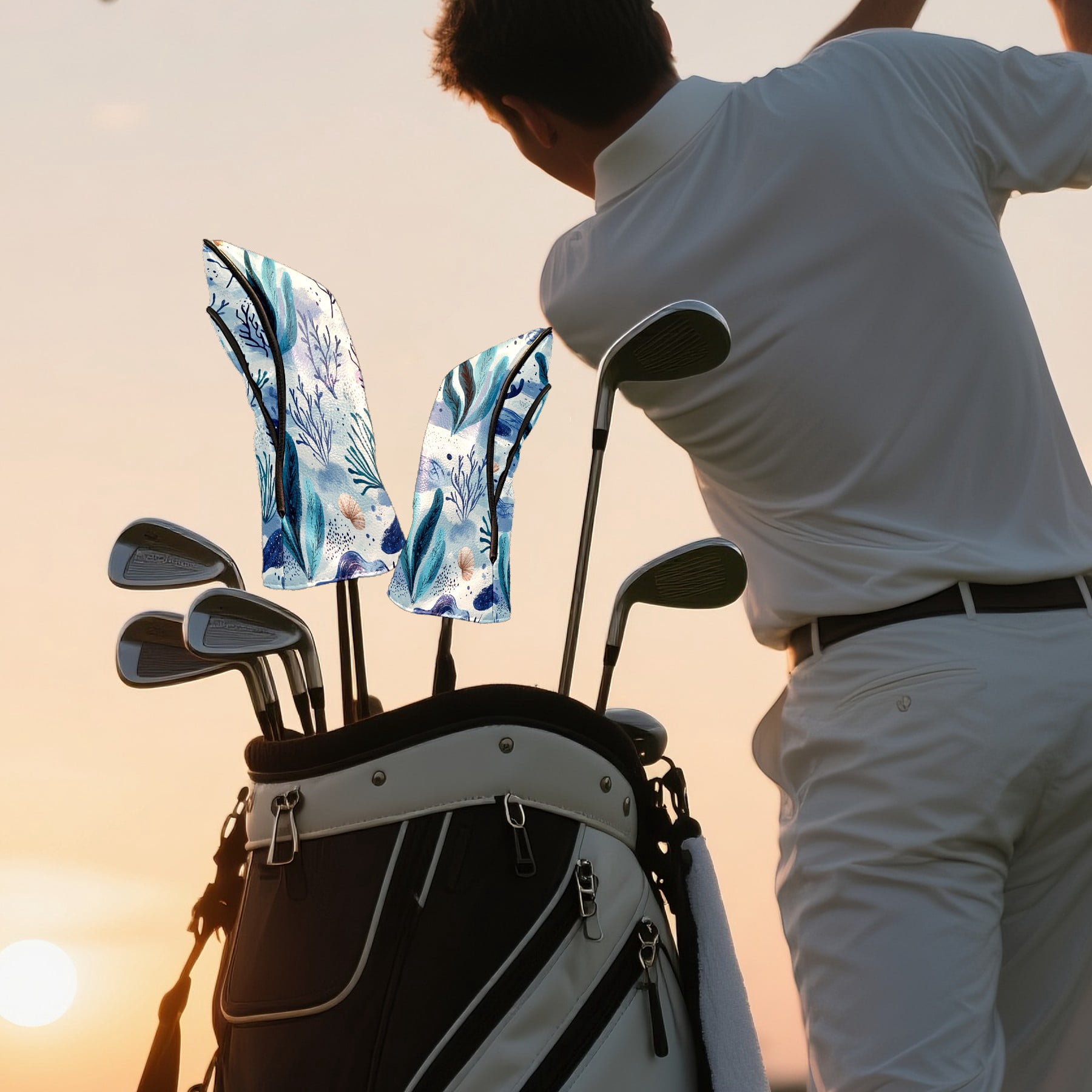 Golf Club Covers PU Leather Waterproof Head Covers for Fairway Woods Hybrids Marine Plants