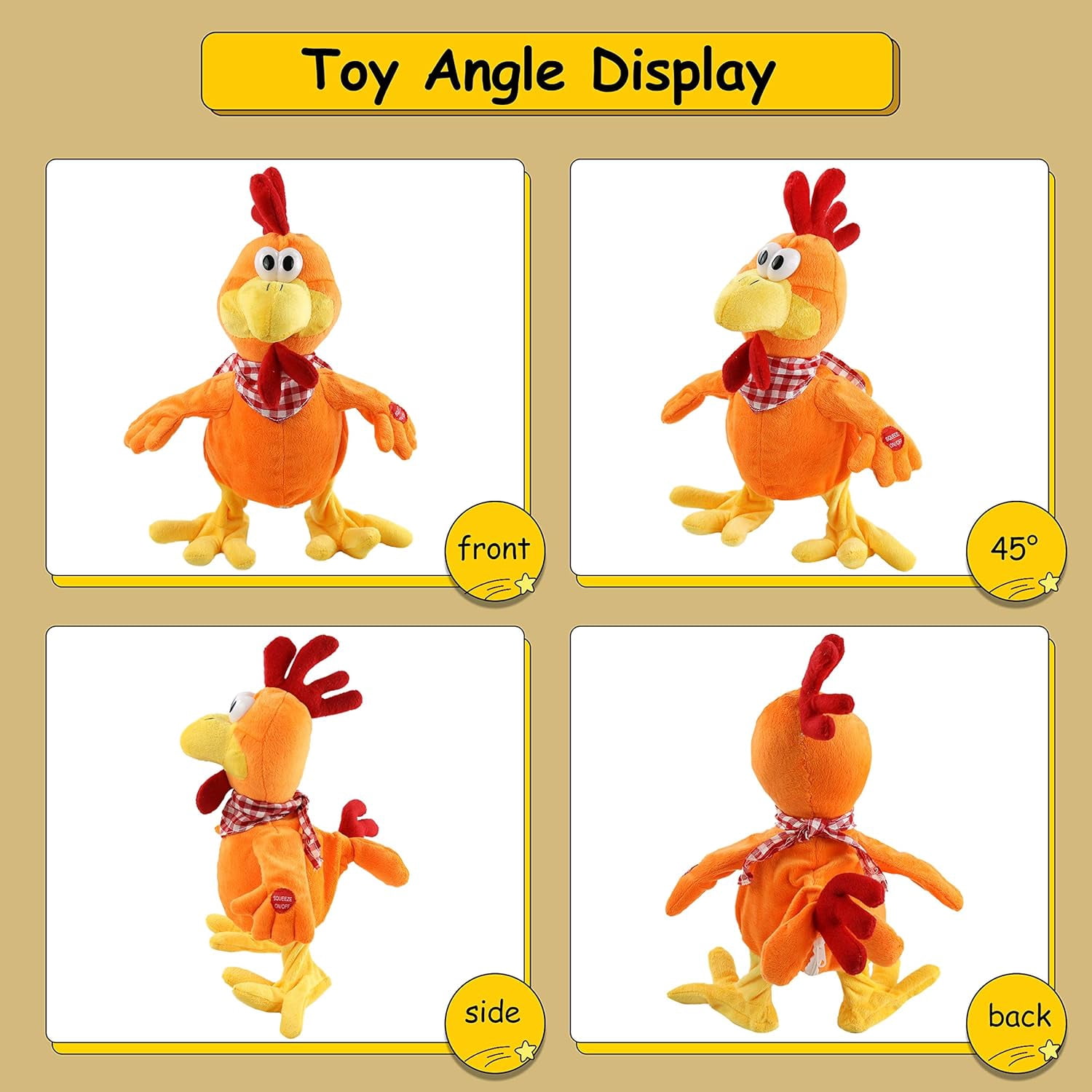Waving Rooster Plush Toy wCozyWorld 15" Electronic Squawking Chicken Toy, Easter Chicken Stuffed Animal Interactive Musical Walking Singingith Bib Present for Kids Boys Girls Halloween  Day