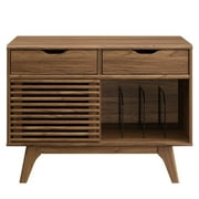 Modway Render Wood & Vinyl Record Display Stand with 2 Drawers in Walnut