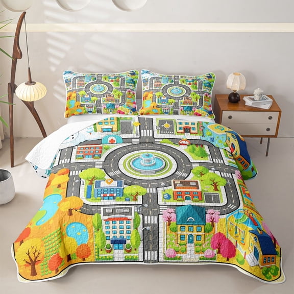 Manfei Boys City Map Twin Quilt Set,Cartoon Buildings Twin Coverlet Set,Gray,2pcs