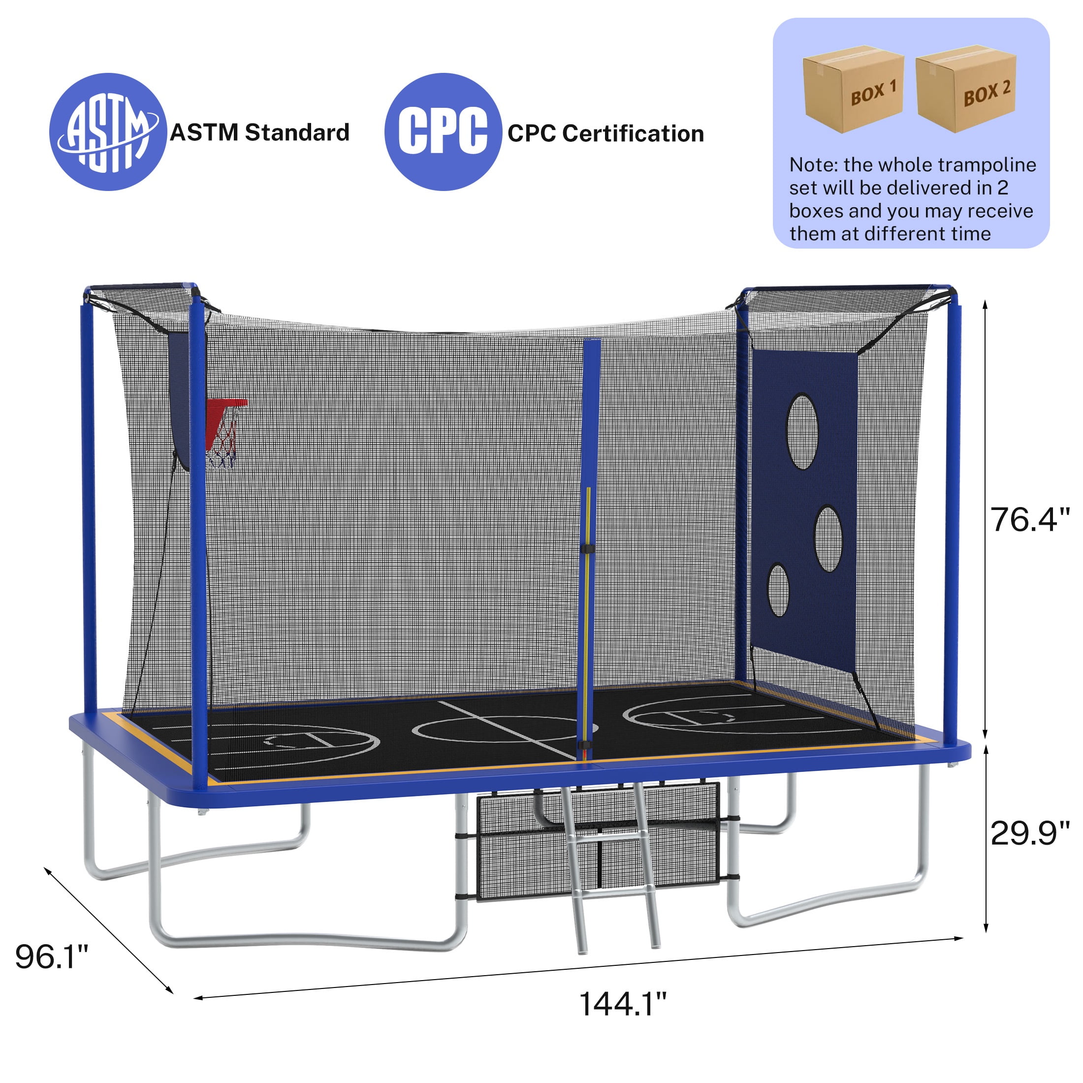 8 ×12FT Large Trampoline for Kids and Adults, SHINPT Outdoor trampoline with 2 Basketball Hoops, Big Trampoline with 360° Safety Net, Kids Trampoline Outdoor with Football Net with 1600LBS Capacity