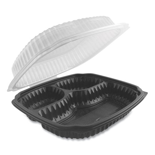 Culinary Lites Microwavable 3-Compartment Container, 26 Oz/7 Oz/7 Oz, 10.56 X 9.98 X 3.19, Clear/black, 100/carton | Bundle of 10 Cartons