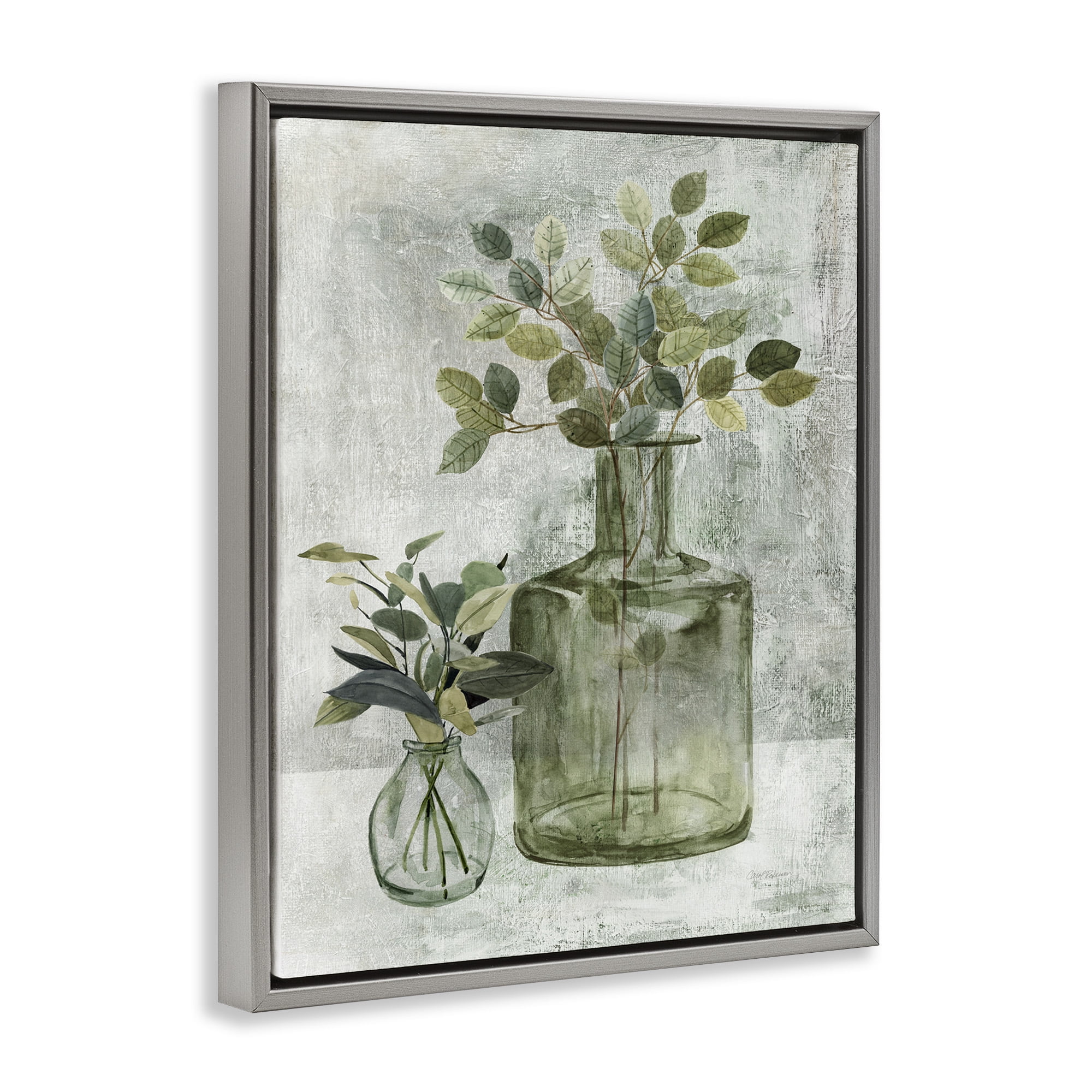 Stupell Industries Herbal Plants with Green Leaves Botanical & Floral Painting Gray Floater Framed Canvas Art Print Wall Art, 25 x 31