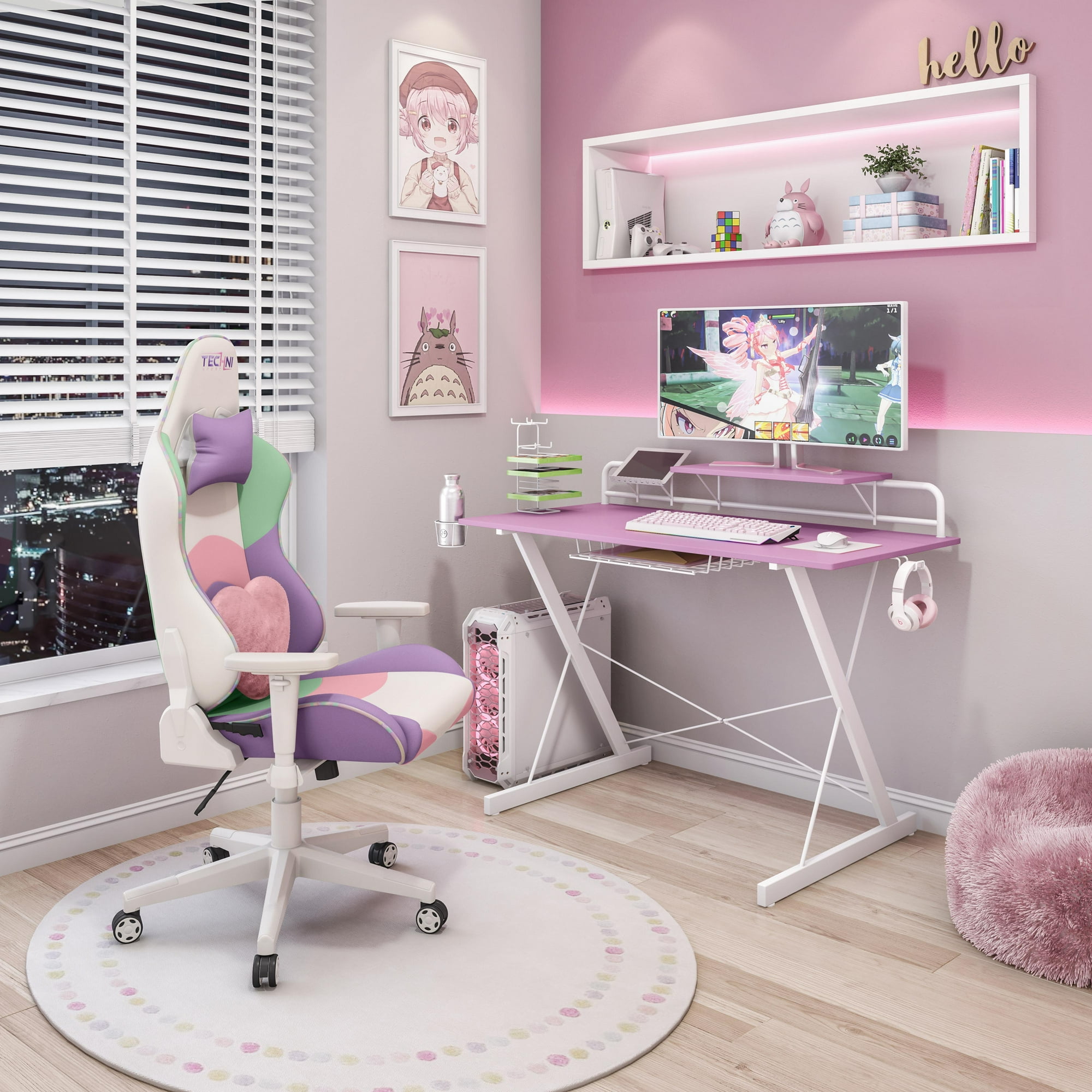 Techni Sport TS-200 Carbon 47" Computer Gaming Desk with Shelving, Pink/ White RTA-TS200-PNK