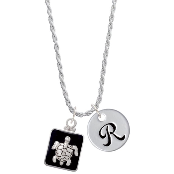 Delight Jewelry Silvertone Turtle on Black Frame Silvertone Script Initial Disc - R - Charm Necklace, 20"+3"