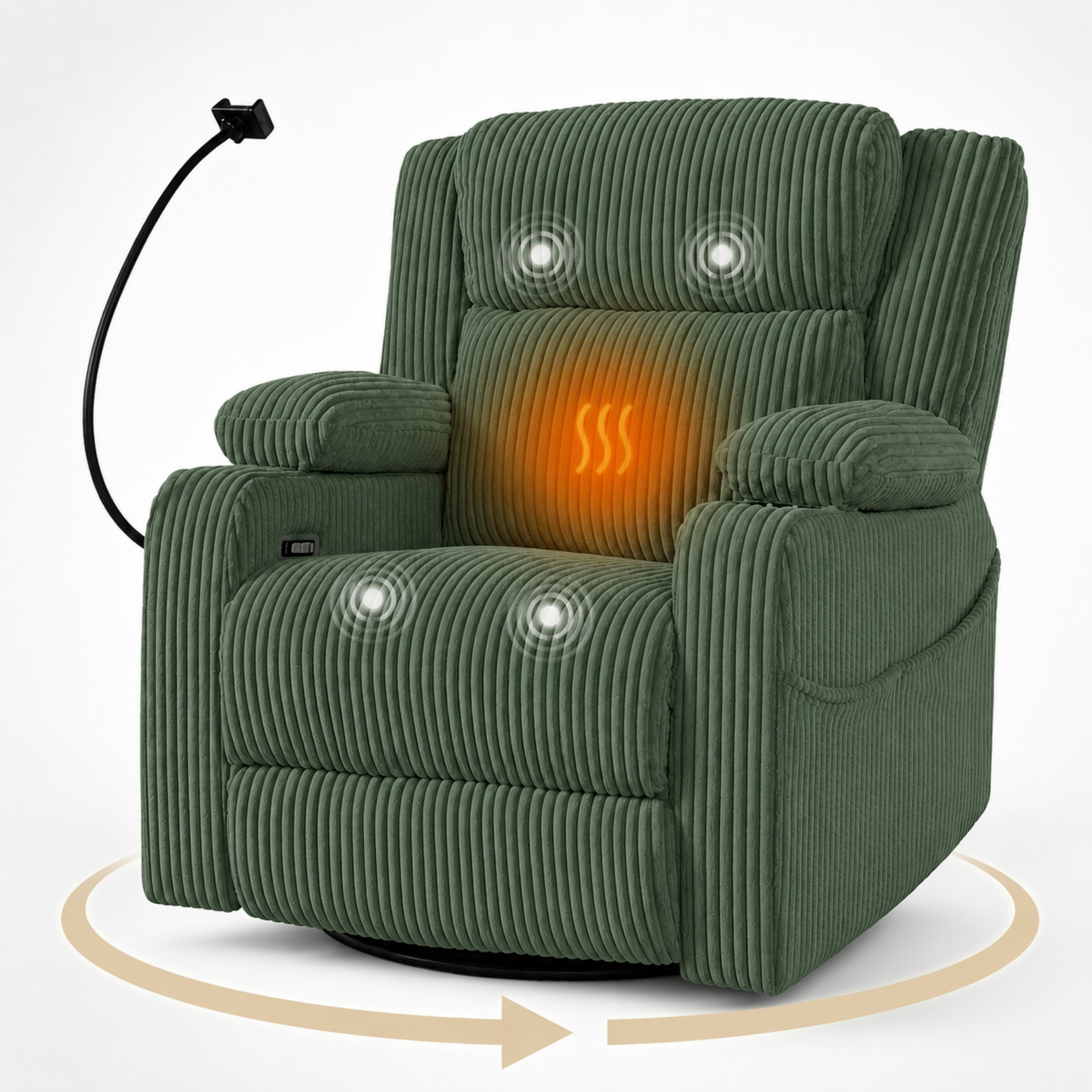 Mintazer Electric Power Recliner Chair with Heat & Massage, 270°Swivel Rocker Recliner with Phone Holder & USB and Hidden Storage for Living Room, Green