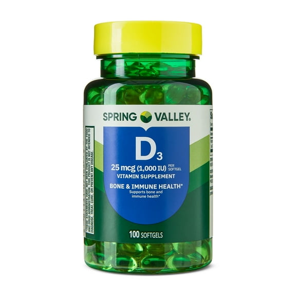 Spring Valley Vitamin D3 Softgels, 25 mcg (1000 IU), 100 Count, Supplement for Bone and Immune Health