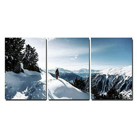 wall26 - 3 Piece Canvas Wall Art - Winter Landscape with a Man Standing on The Snow Mountain Peak - Modern Home Art Stretched and Framed Ready to Hang - 24"x36"x3 Panels