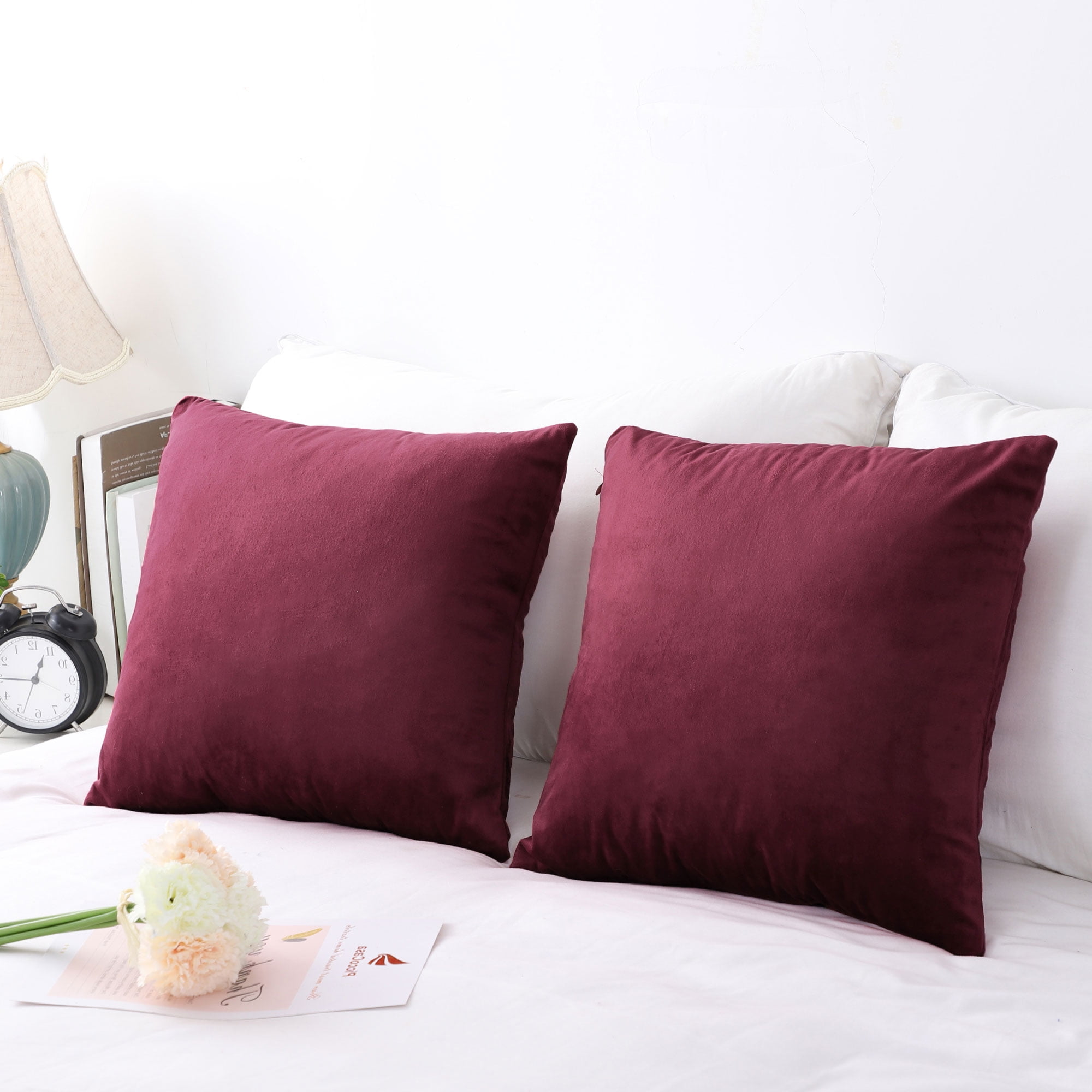 Unique Bargains 2-Pack Solid Velvet Decorative Throw Pillow Covers Burgundy 16"x16"