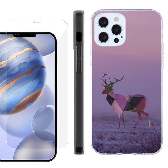 Slim Fit Protective Phone Case for Apple iPhone 12 / iPhone 12 Pro, with Tempered Glass Screen Protector, by OneToughShield ® - Deer/Polygon