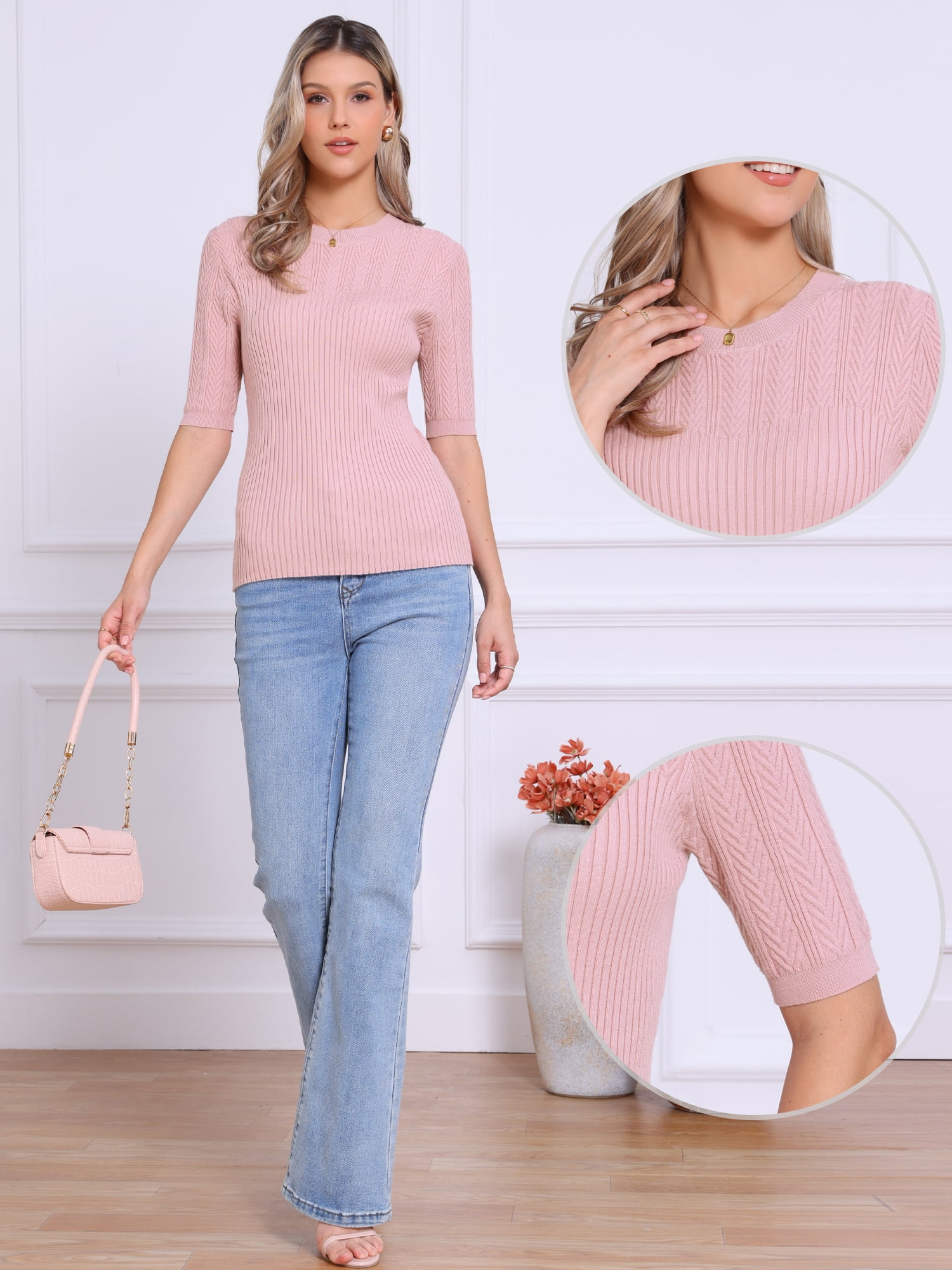 DARING DIVA Short Sleeve Sweater Cable Knit Crewneck Pullover Tops XS Pink