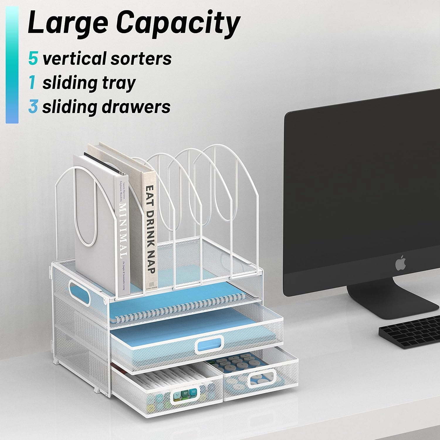 INTIGE 3 Tier Metal Desk Organizer with 3 Sliding Drawers, 5 Upright Sections, File Organizer, White