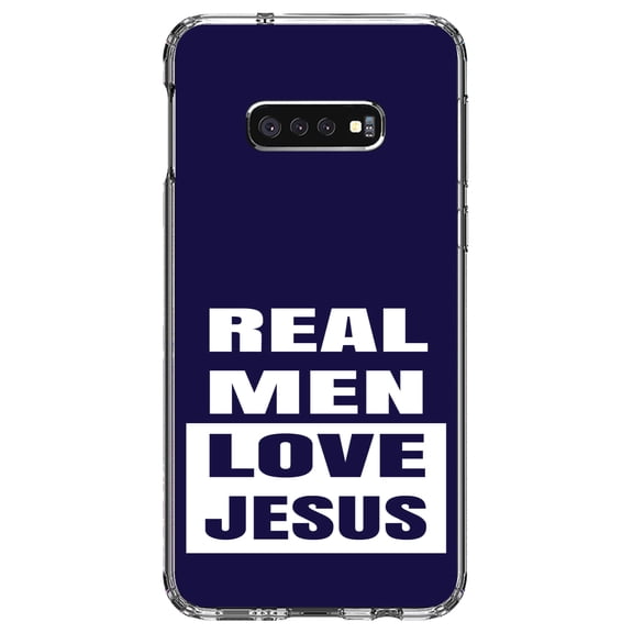 DistinctInk Clear Shockproof Hybrid Case for Samsung Galaxy S10e (5.8" Screen) - TPU Bumper, Acrylic Back, Tempered Glass Screen Protector - Navy Real Men Love Jesus - Christ