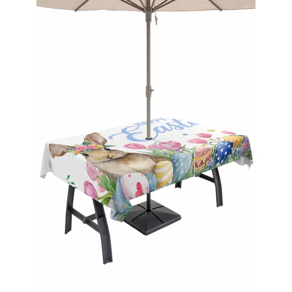 Easter Outdoor Tablecloth - 52x70 Inch Rectangle Dining Table Cover, Pink Tulip Flowers Spring Watercolor Bunny Floral Waterproof Outdoor Table Cloth with Umbrella Hole & Zipper for Picnic/Patio