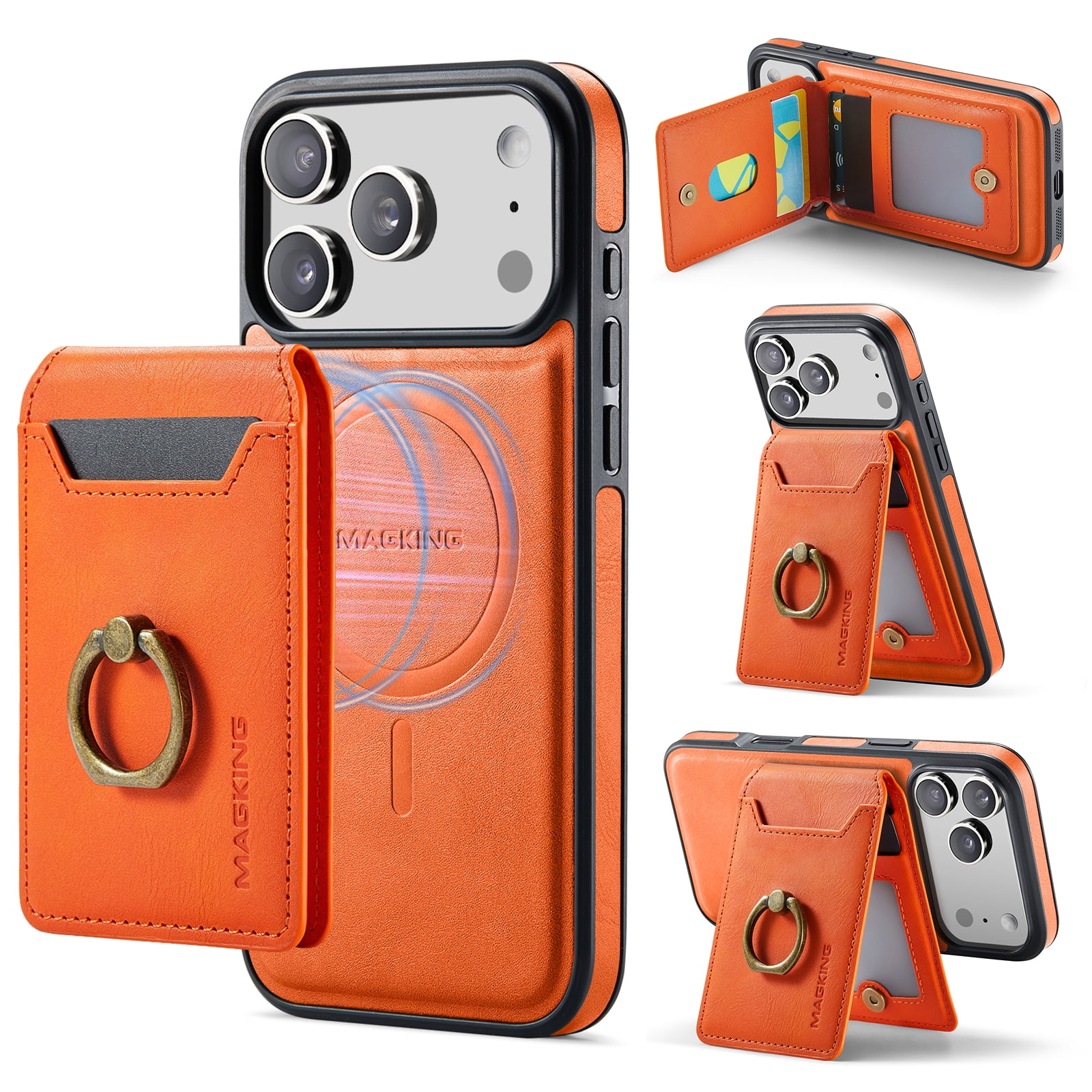 2 in 1 Function Detachable Magnetic Phone Cases Compatible with iPhone 15 Case with Card Holder Ring Compatible with Magsafe Wallet Slim Fit PU Leather Men RFID Blocking Orange