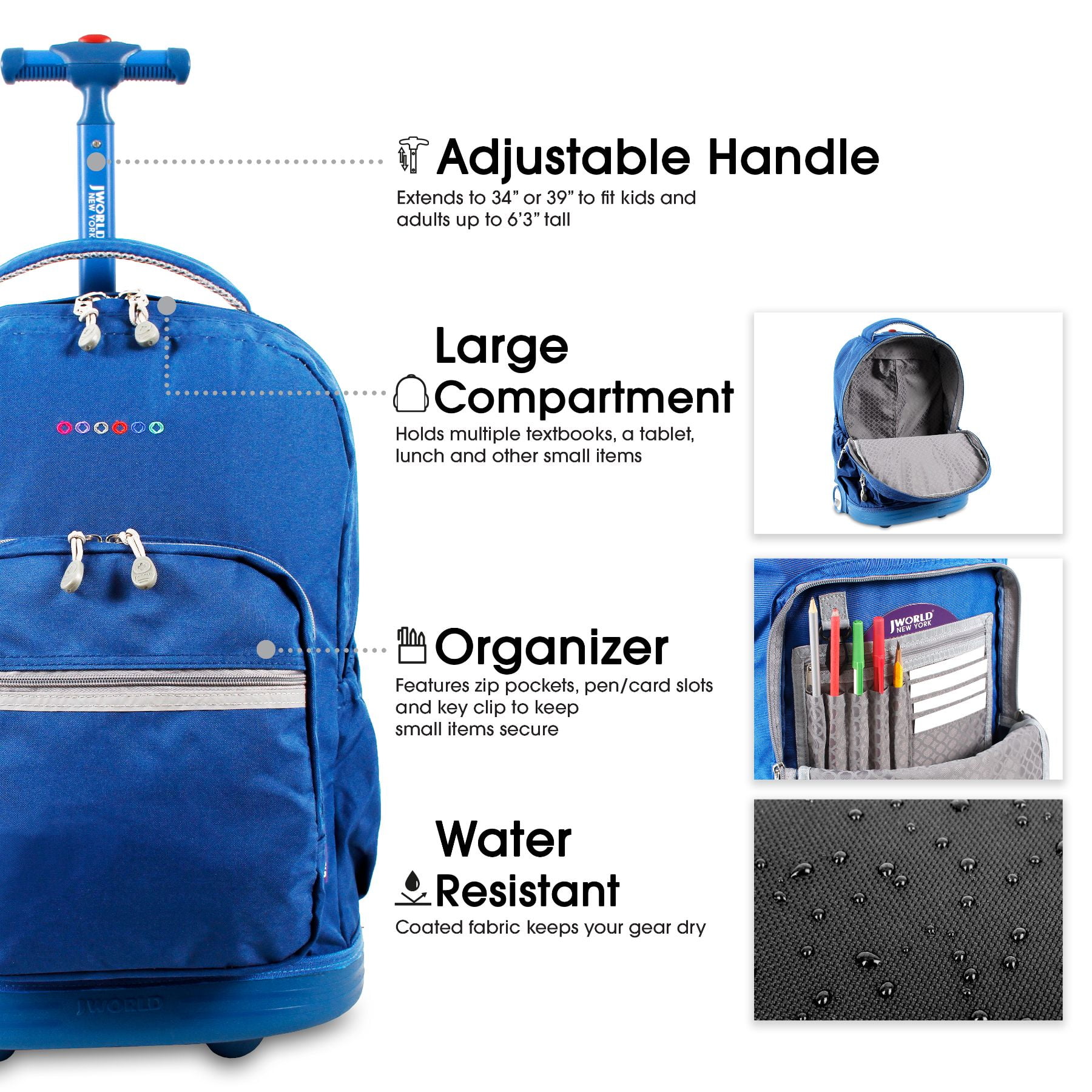 J World Boys and Girls Sunrise 18" Rolling Backpack for School and Travel, Indigo