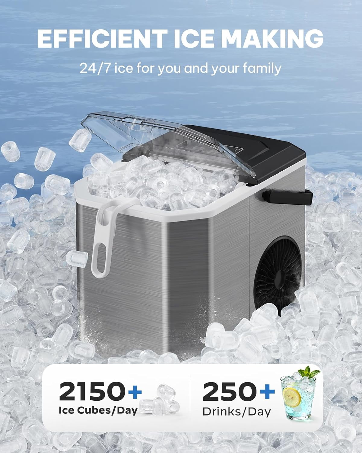 Ice Maker Countertop Machine with Handle, 26lbs in 24h, 9 Ice Cubes Ready in 6 Mins, Self-Cleaning Ice Makers with Basket and Scoop, Ideal for Home, Kitchen, Camping, RV