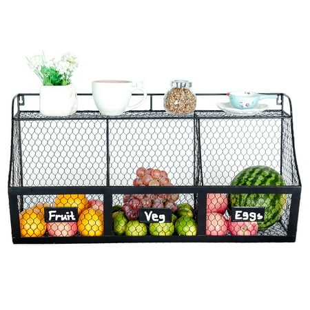 3 Compartment Kitchen Basket Large Wall Mount Metal Storage