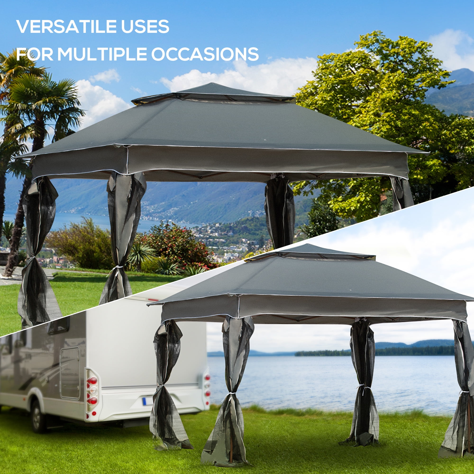Outsunny 11' x 11' Pop Up Gazebo Outdoor Canopy Shelter with 2-Tier Soft Top, and Removable Zipper Netting, Event Tent with Large Shade, Dark Gray