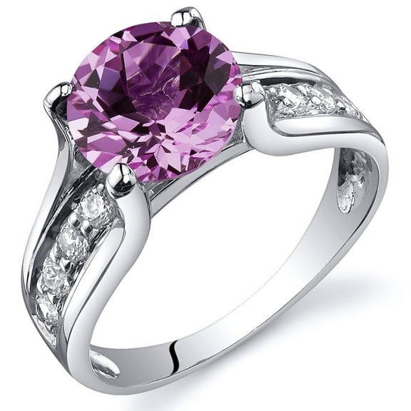 PEORA Created Pink Sapphire Cathedral Solitaire Ring for Women 925 Sterling Silver, 2.75 Carats Round Shape 8mm, Size 9