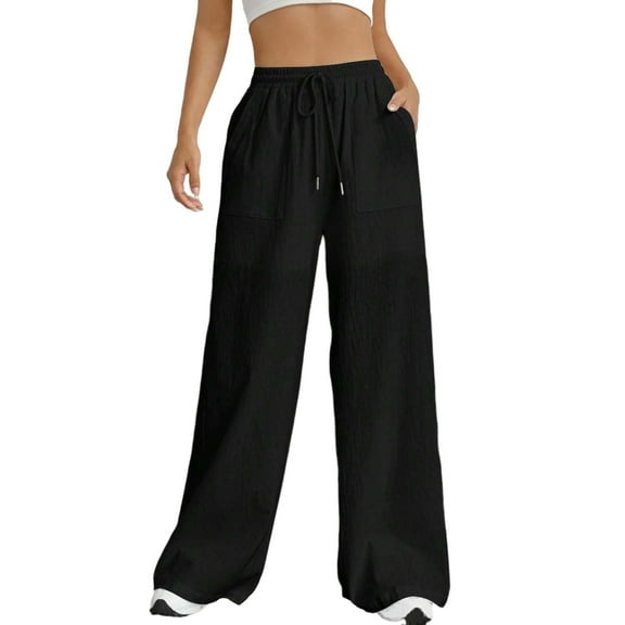 Charmgo Sweatpants Women Clearance, Women's Elastic Waist Drawstring Casual Pants Straight Leg Lightweight Loose Trousers with Pockets Work Pants Women Cargo Pants Women Black