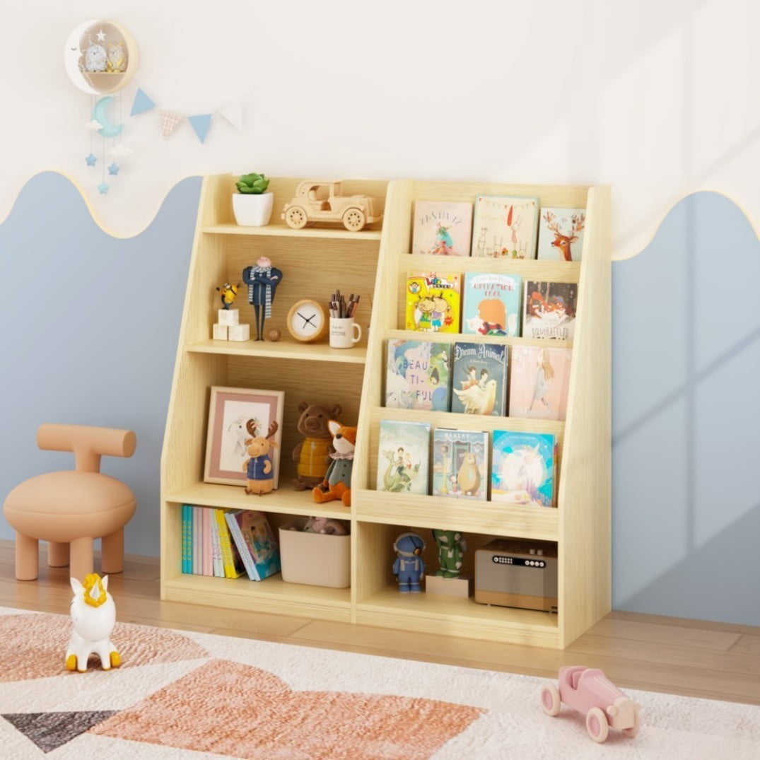 4-Tier Kids Bookshelf and Toy Storage Organizer, Wooden Children's Bookcase with 2 Shelves & Toy Bin, Book Display Stand for Kids Room, Playroom & Nursery, White
