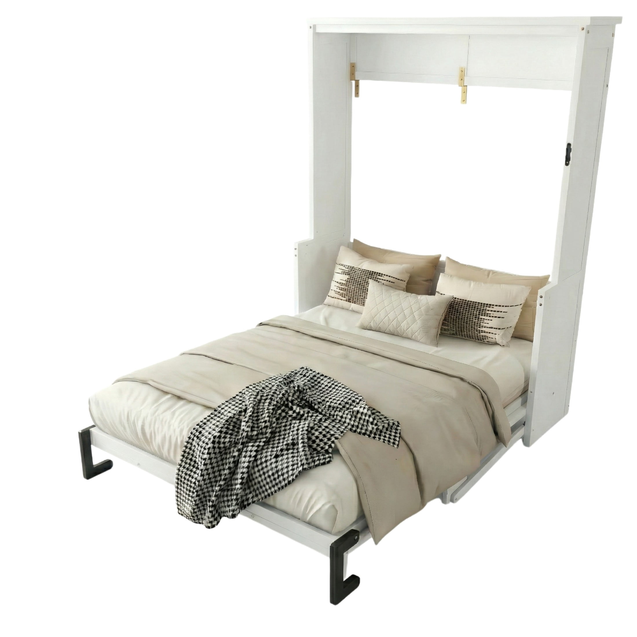 Noble House Illis Queen Size Murphy Wall Bed with Built-in Desk and Shelving, Sturdy Pine Wood Cabinet Bed, White