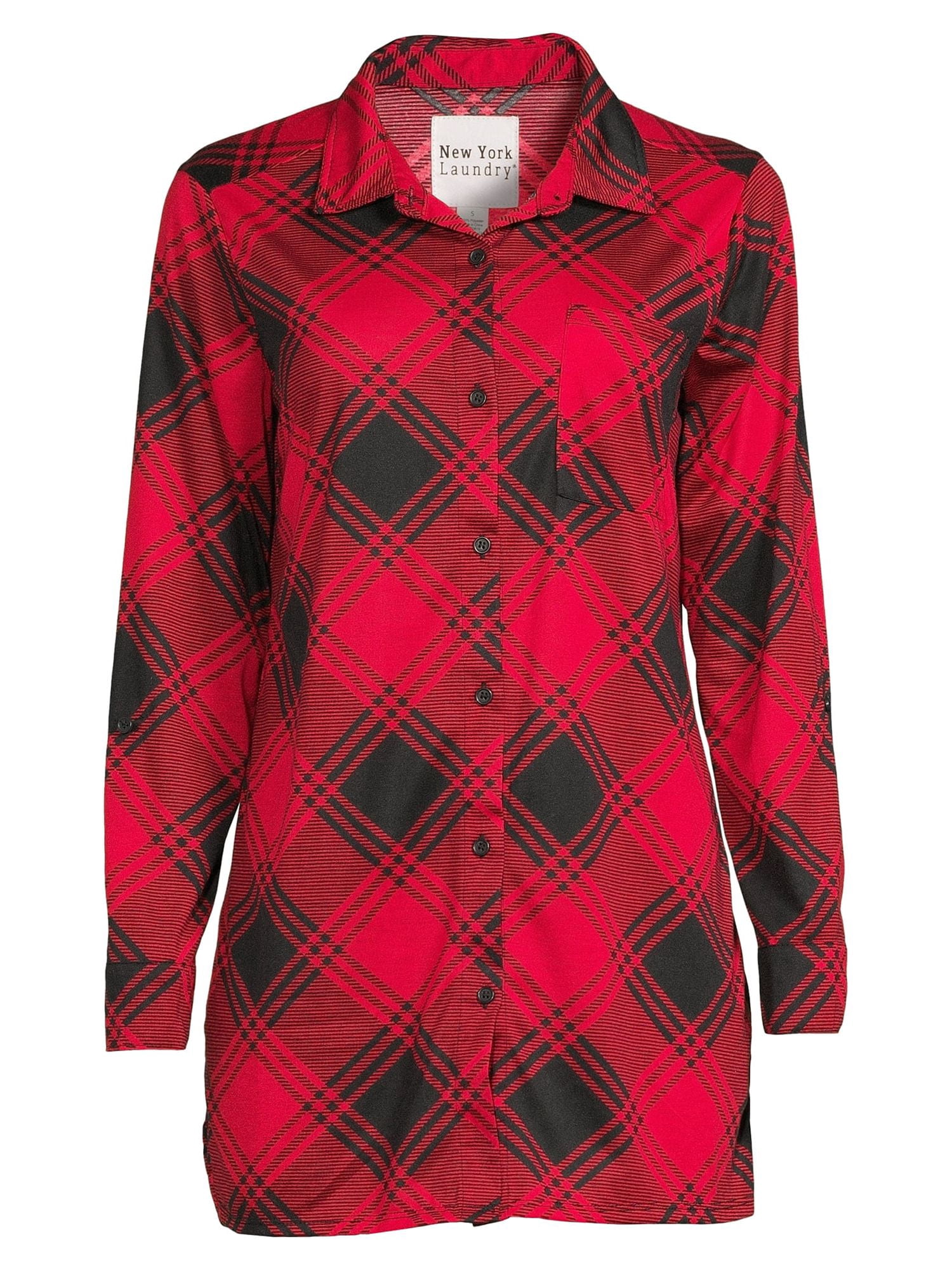 New York Laundry Womens Roll Cuff Plaid Tunic Top with Long Sleeves