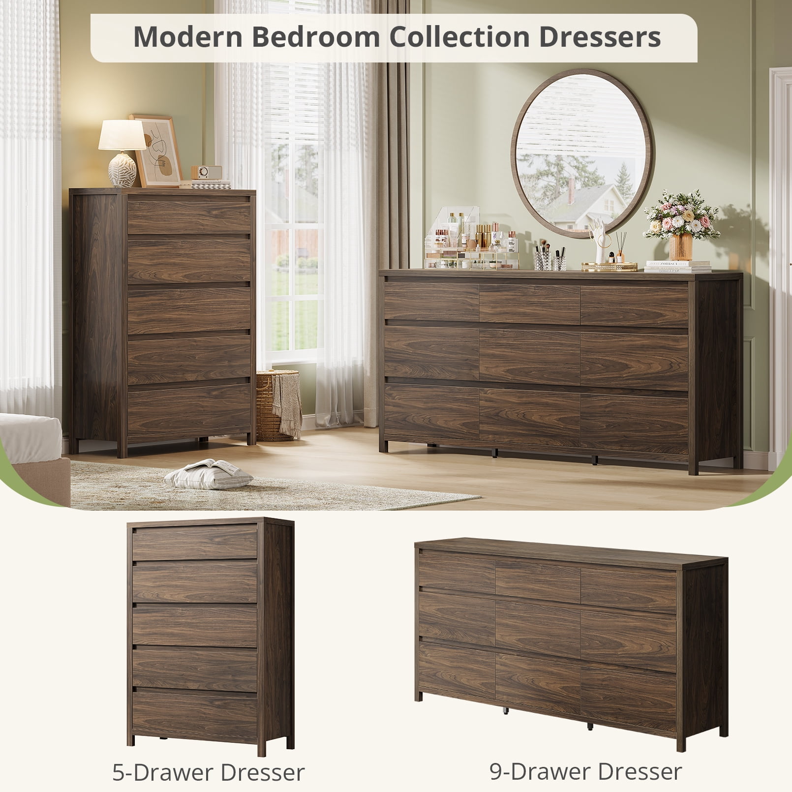 9 Drawer Dresser for Bedroom, 63" Wide Wooden Closet Dresser with Smooth Drawer, Large Dressers & Chests of Drawers for Bedroom Living Room, Walnut Dresser