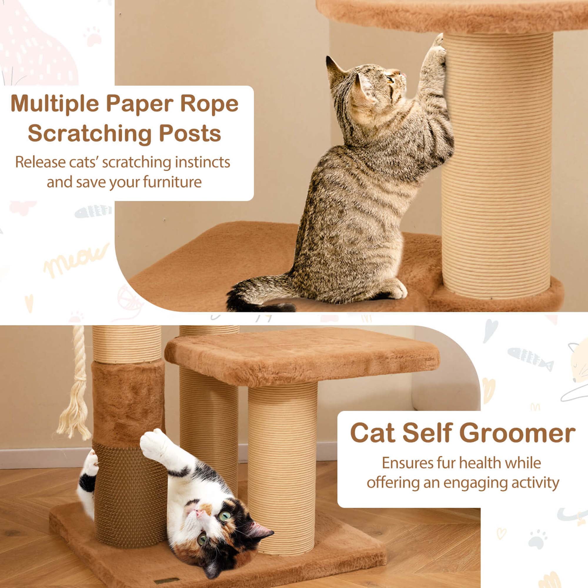 Costway 65" Tall Cat Tree for Indoor with Self-groomer Padded Perch Removable Cat Bed