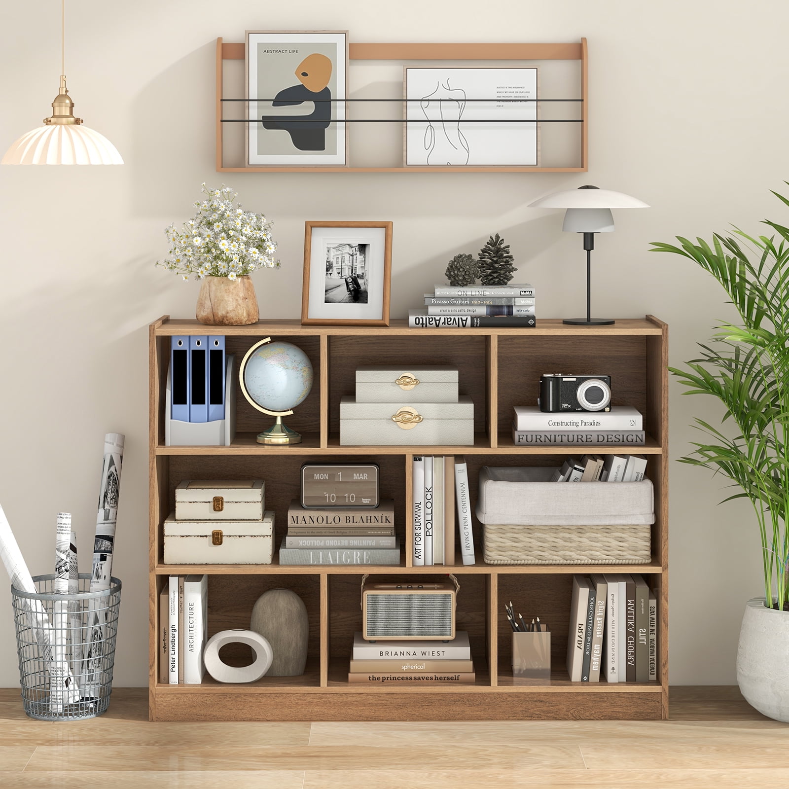 Topbuy Wood Storage Cube Bookcase 3 Tier 8 Cube Open Shelf Storage Cabinet with Anti-Toppling Devices Multipurpose Bookshelf Natural