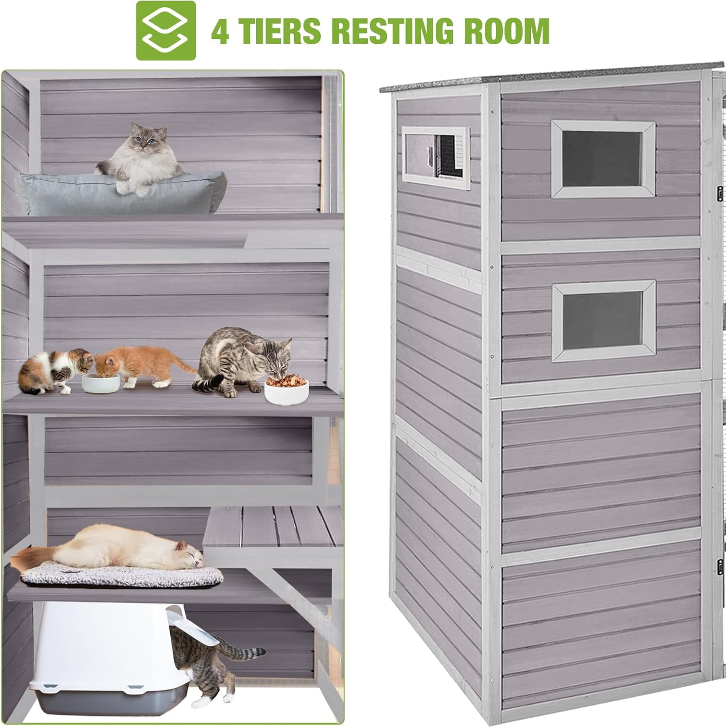 Catio Outdoor Cat Enclosure Large Cat Enclosure 4 Tiers Outdoor Cat House Connectable with Window,Grey,77" L