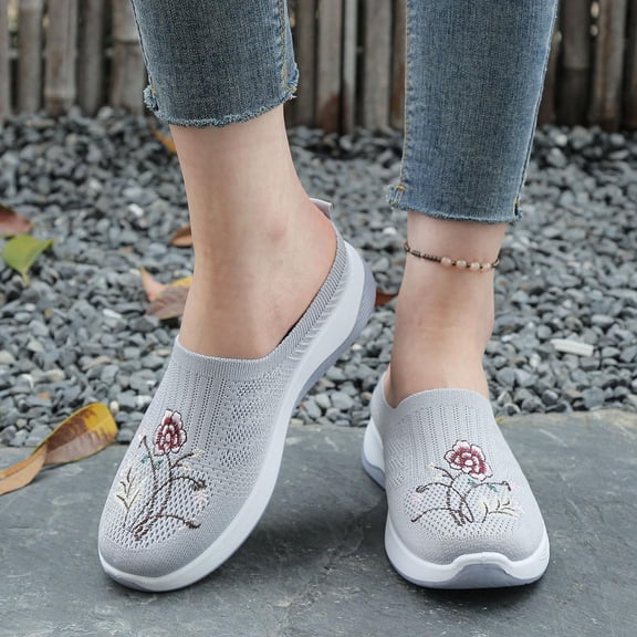 Bkhluea Women Floral Embroidery Knit Mule Shoes Slip On Comfortable Footwear For Daily Casual Outdoor Use