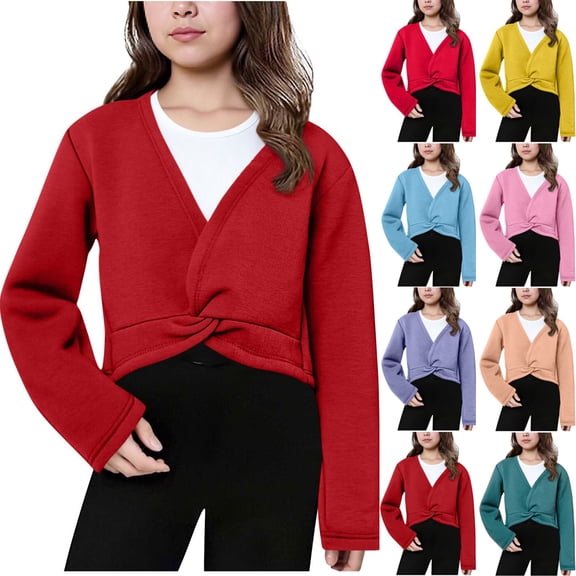 HAOTAGS Girls Long Sleeve Cardigan, Front Knot Wrap Top Dance Dress Cover Up Red 4 Years