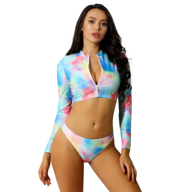 iEFiEL Women 2pcs Swimsuit Set Sporty Rash Guard Sexy Long Sleeve Crop