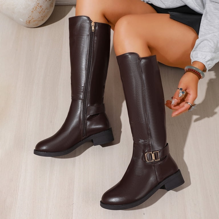 High Riding Patelal OKBOP Round Toe Womens Boots Knee-High Riding Zip-Up Medium Arch Slip ...