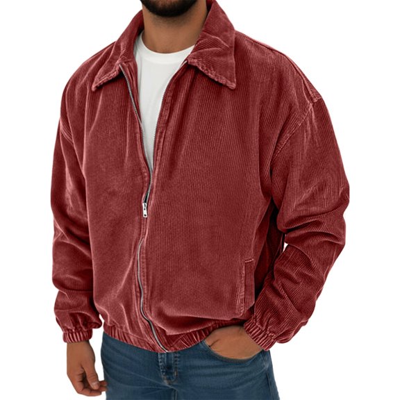 LODIENY Corduroy Bomber Jacket for Men with Pockets Long Sleeve Collared Zip Up Relaxed Fit Dropped Shoulder Jackets Red XL