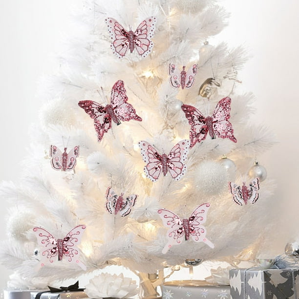 Adornos navideños de mariposas de malla (paquete de 10) | Decoraciones navideñas rosas huecas | Decoración de plástico resistente para árboles de Navidad | Ideal para envolver regalos con guirnaldas