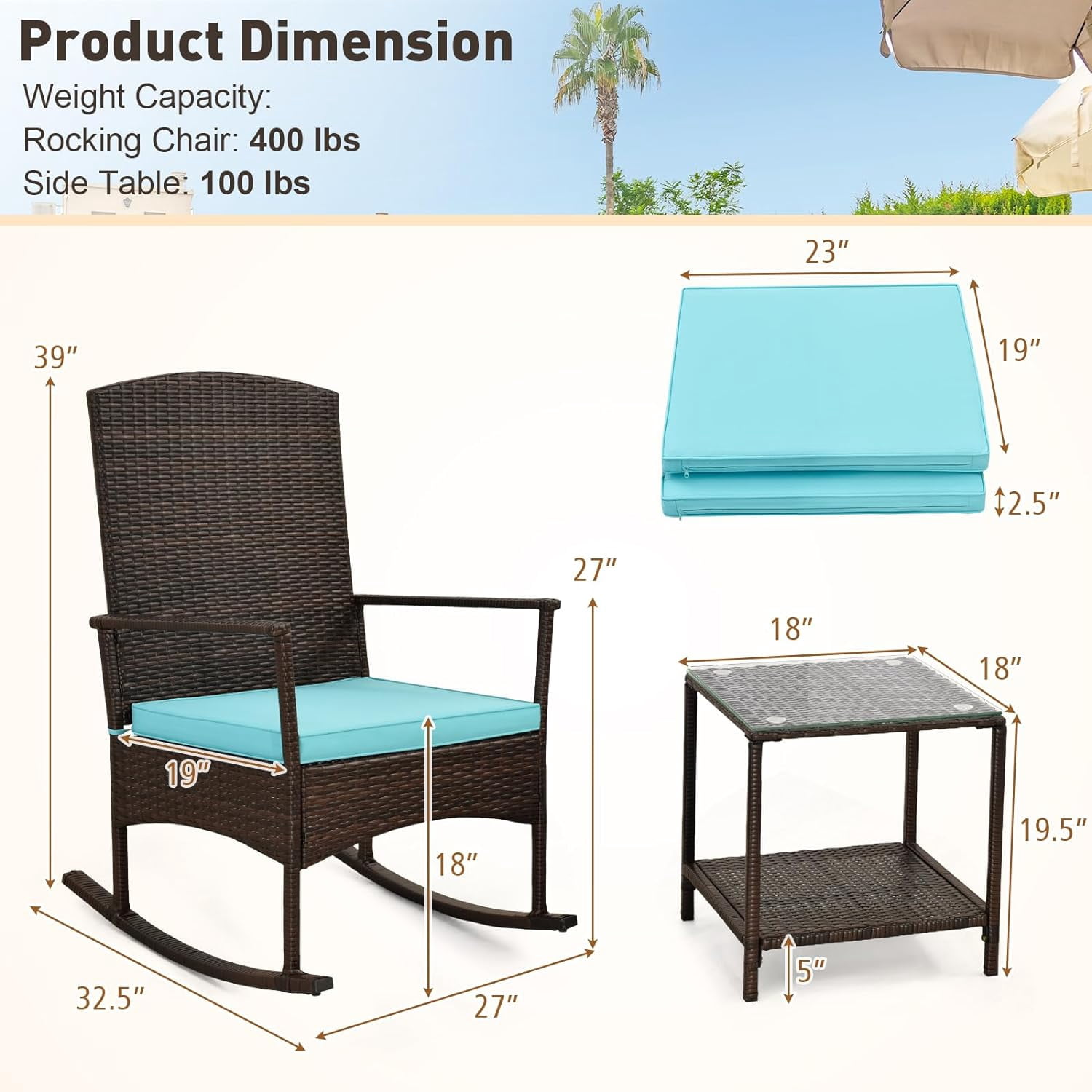 3 Pcs Outdoor Patio Wicker Bistro Furniture Set Rocking Chairs Sets w/ 2 Cushion, Glass Coffee Table, Turquoise