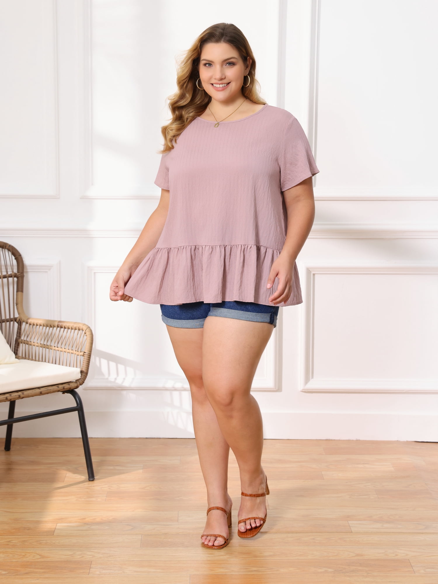 DARING DIVA Women's Plus Babydoll Tops Crew Neck Blouses 2X Pink