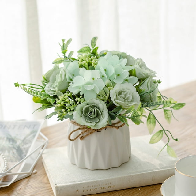 Decoración del hogar, flores artificiales con pequeño jarrón de cerámica, bolas de flores de seda falsa, decoración de flores, mesa, hogar, fiesta, oficina, boda, ramo de flores simulado de plástico e