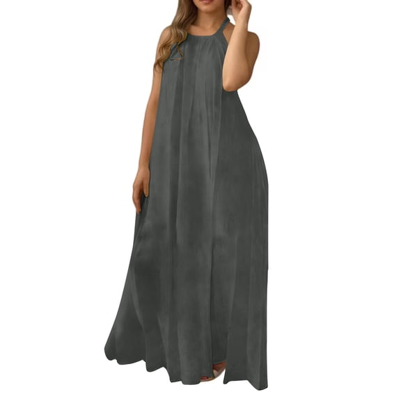 Efsteb Women's Dresses Cotton Halter Neck Backless Tie-Back Maxi Dress Sleeveless Loose Summer Beach Dress (Gray,S)