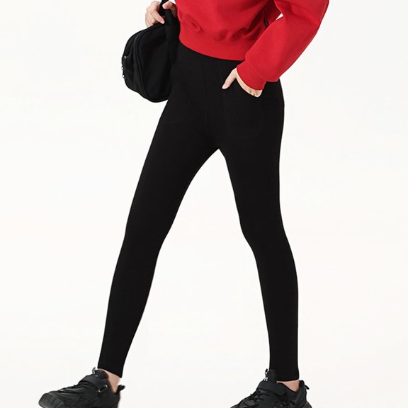 Eltusu Girls Cotton Leggings, Stretch Pockets Thermal Elastic Waist Tight Pants Black Size 2-15T