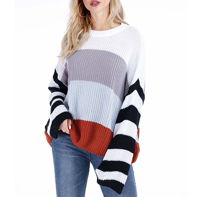 Qertyioot Chandails Tricotés for Femmes, Mode Femmes Manches Longues Col Rond Couleur Correspondant à en Vrac Pull Blouse Tops