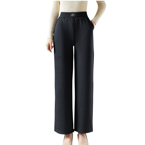 Winter Pants for Women Sherpa Fleece Lined Pockets Plus Size Elastic Waisted Straight Leg Work Casual Trousers (XL, Navy 01)