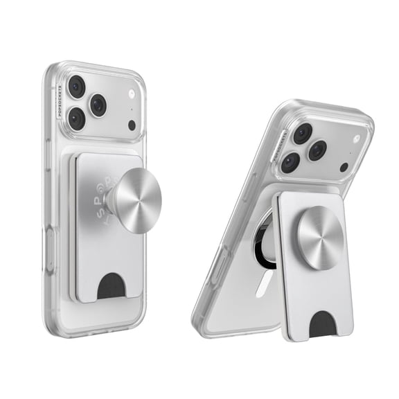 PopSockets Kick-Out Wallet for MagSafe, Adjustable Kickstand, Magnetic Stand, Silver - Silver Radial