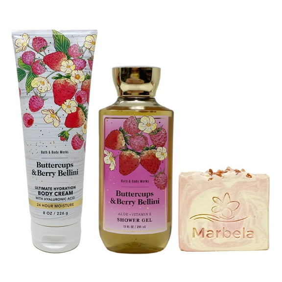 Bath & Body Works Buttercups & Berry Bellini Body Cream and Shower Gel Duo Set with a Himalayan Salts Springs Bar Soap - Full Size
