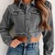 thumbnail image 1 of Chaquetas vaqueras para mujer, prendas de vestir exteriores con borlas de manga larga de otoño, abrigo con cuello vuelto, abrigos vaqueros cortos de un solo pecho, 1 of 5