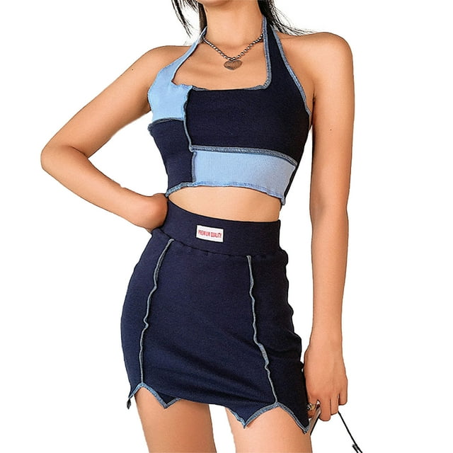 xiaxaixu Women's 2 Piece Color Block Patchwork Halter Crop Top + Mini Skirt