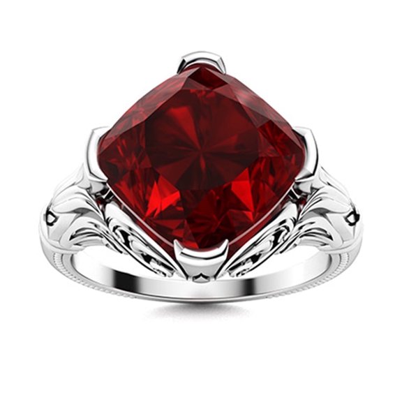 Mooneye 8mm Cushion Garnet Engraved Designer Women Valentines Day Gifts Ring 925 Sterling Silver